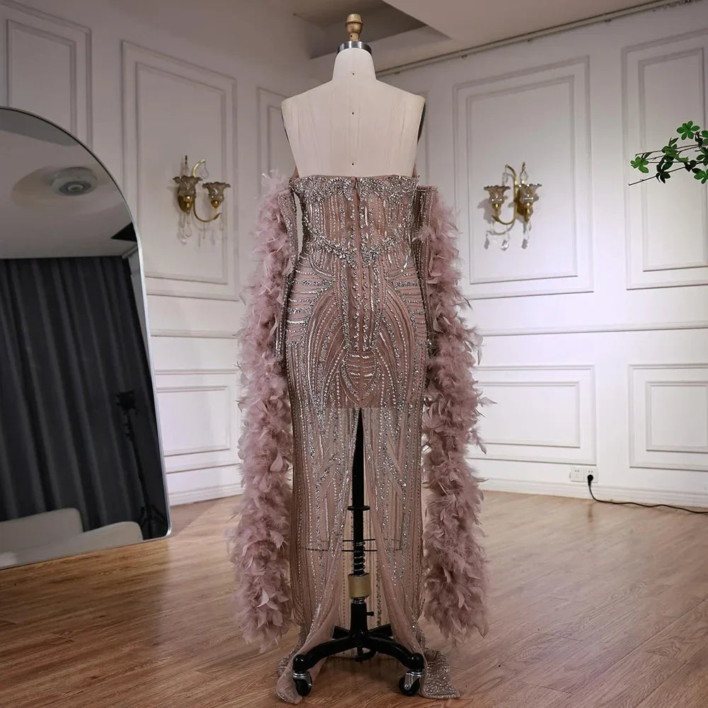 Luxury Caramel Beaded Evening Dress with Feather Sleeves LA73055