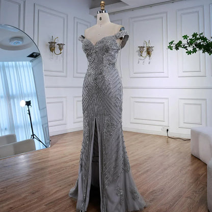 Luxury Silver Gray Off Shoulder Mermaid Evening Dress LA73018