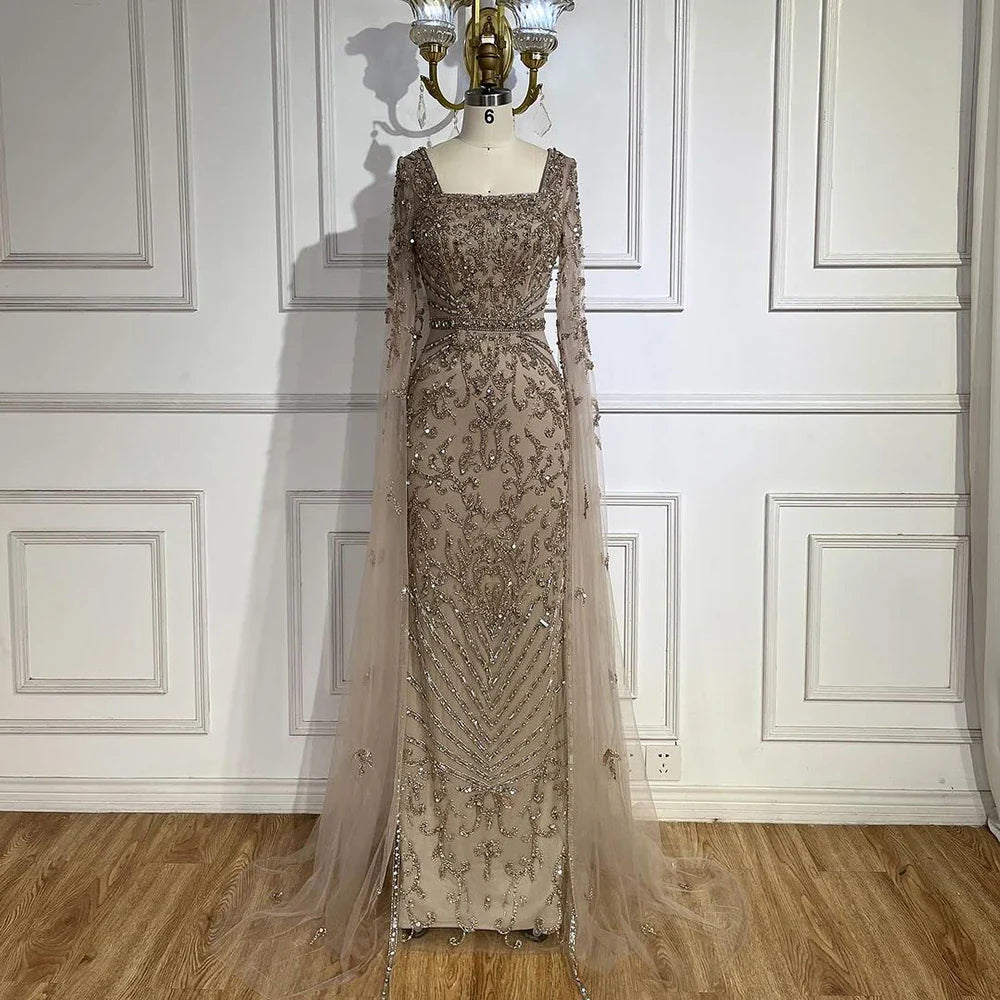 Luxury Dubai Turquoise Evening Dress with Cape Sleeves LA72400