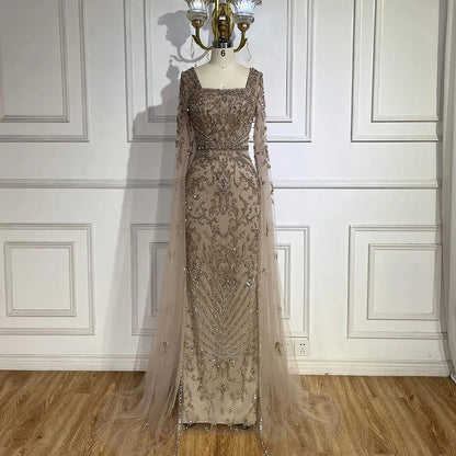 Luxury Dubai Turquoise Evening Dress with Cape Sleeves LA72400