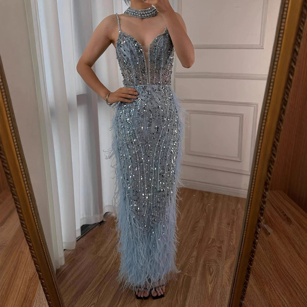 White Nude Mermaid Spaghetti Strap Beaded Feather Evening Dress Gown LA72047