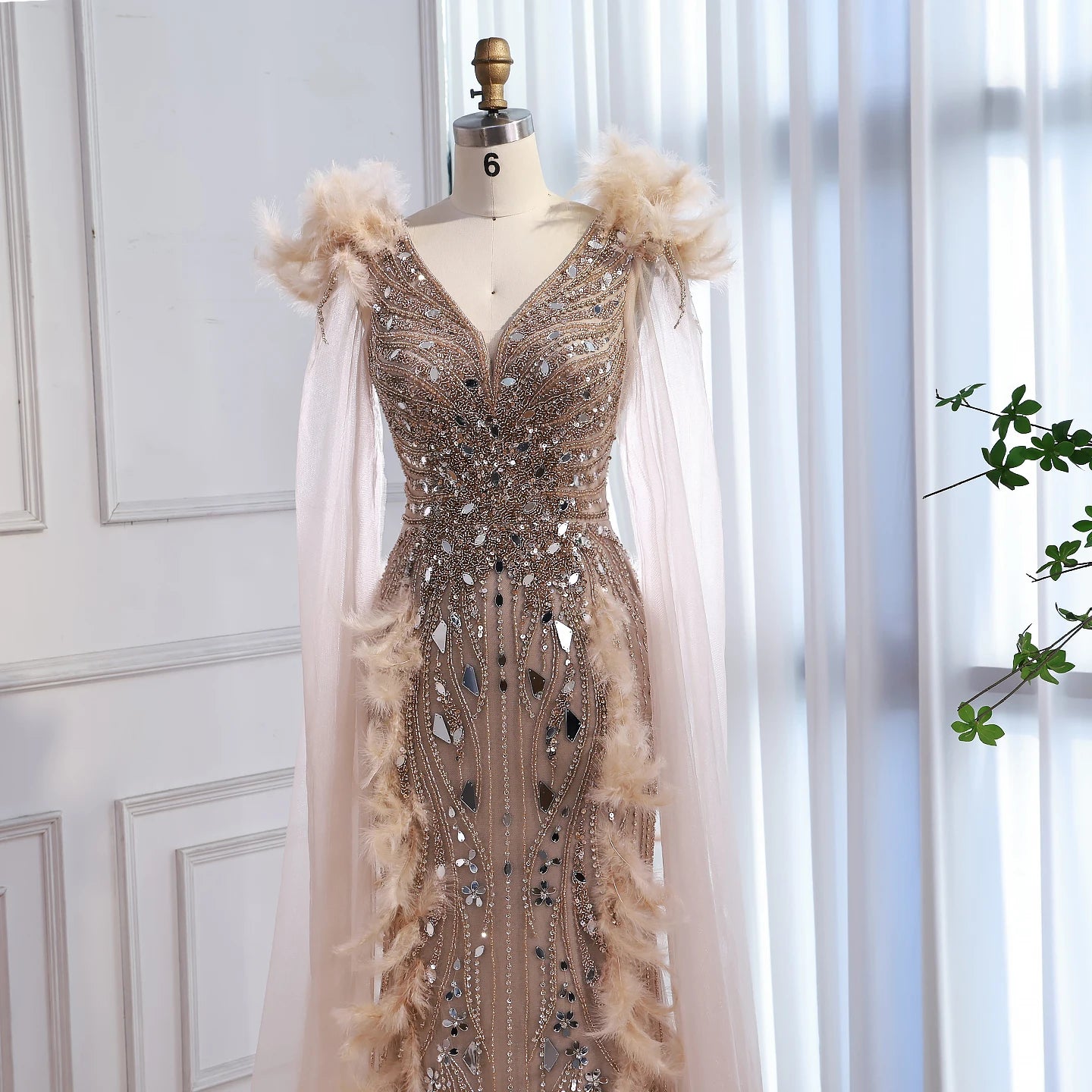 Luxury Caramel Feather Mirror Beaded Mermaid Evening Dress With Cape LA73328