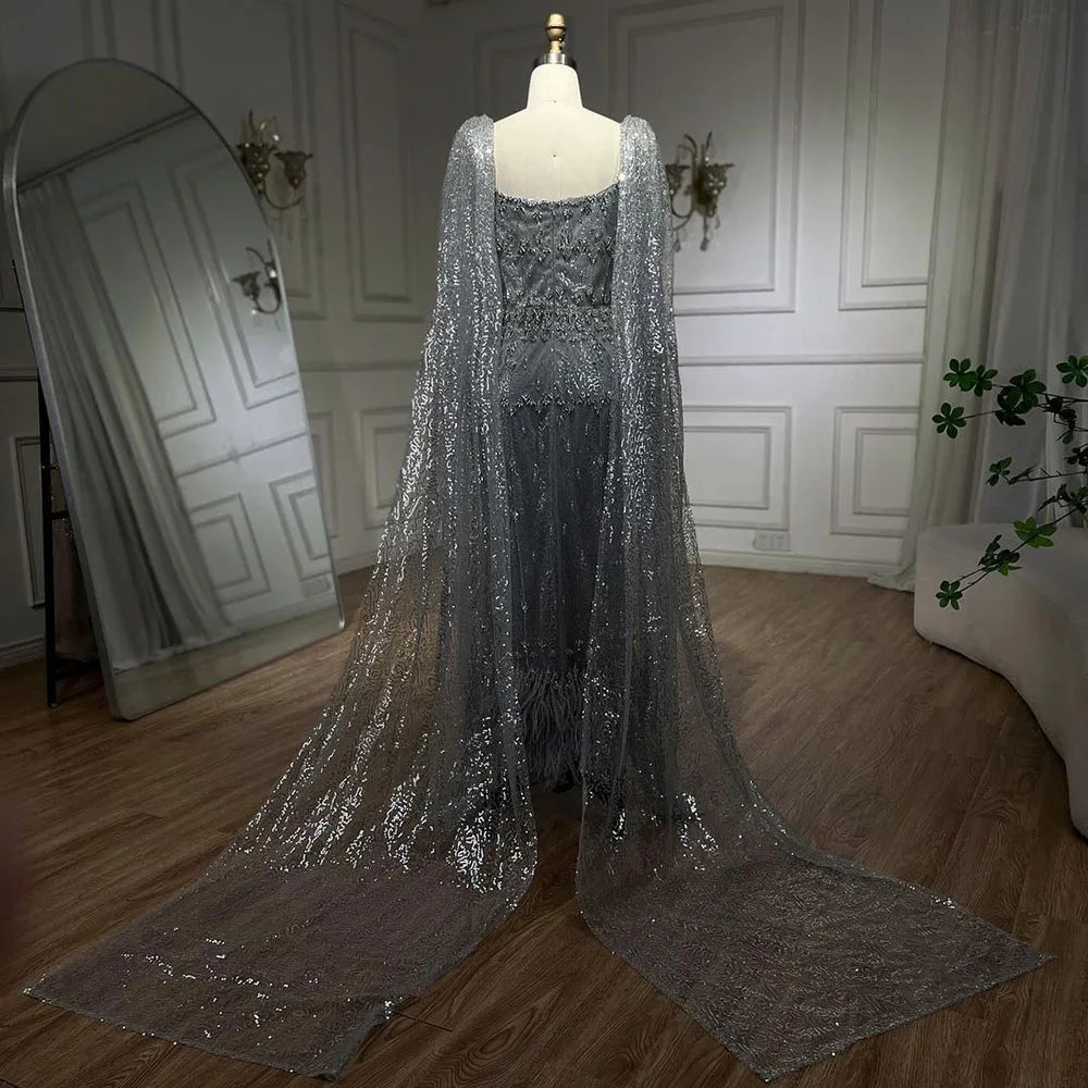 Bling Gray Mermaid Feather Arabic Midi  Evening Dress with Cape LA72334