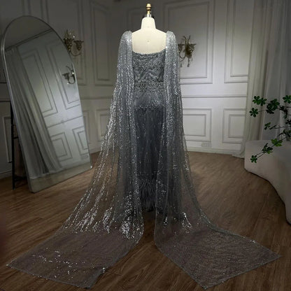 Bling Gray Mermaid Feather Arabic Midi  Evening Dress with Cape LA72334