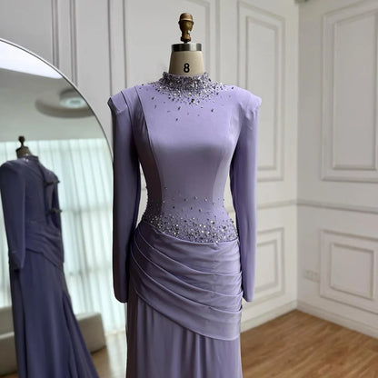 Luxury Muslim Modest Lilac Beaded Long Sleeve Evening Dress LA73093