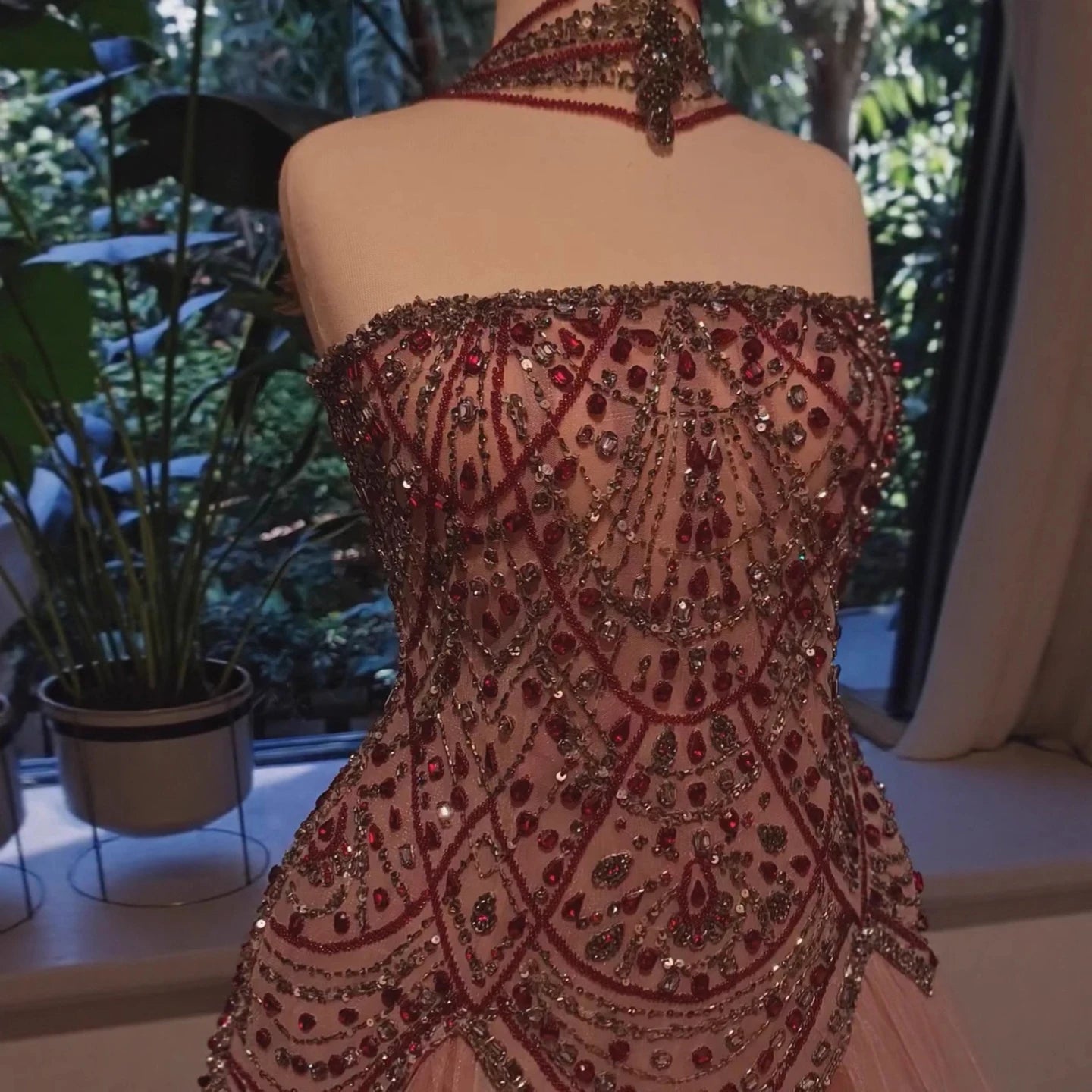 Luxury Wine Red Arabic Beaded A-Line Evening Dress LA73377