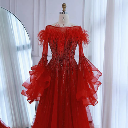 Luxury Red Feathered A-Line Evening Dress with Puffy Sleeves LA73080
