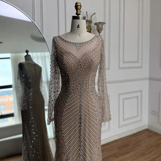 Luxury Arabic Silver Nude Beaded Mermaid Long Sleeve Evening Dress LA73132