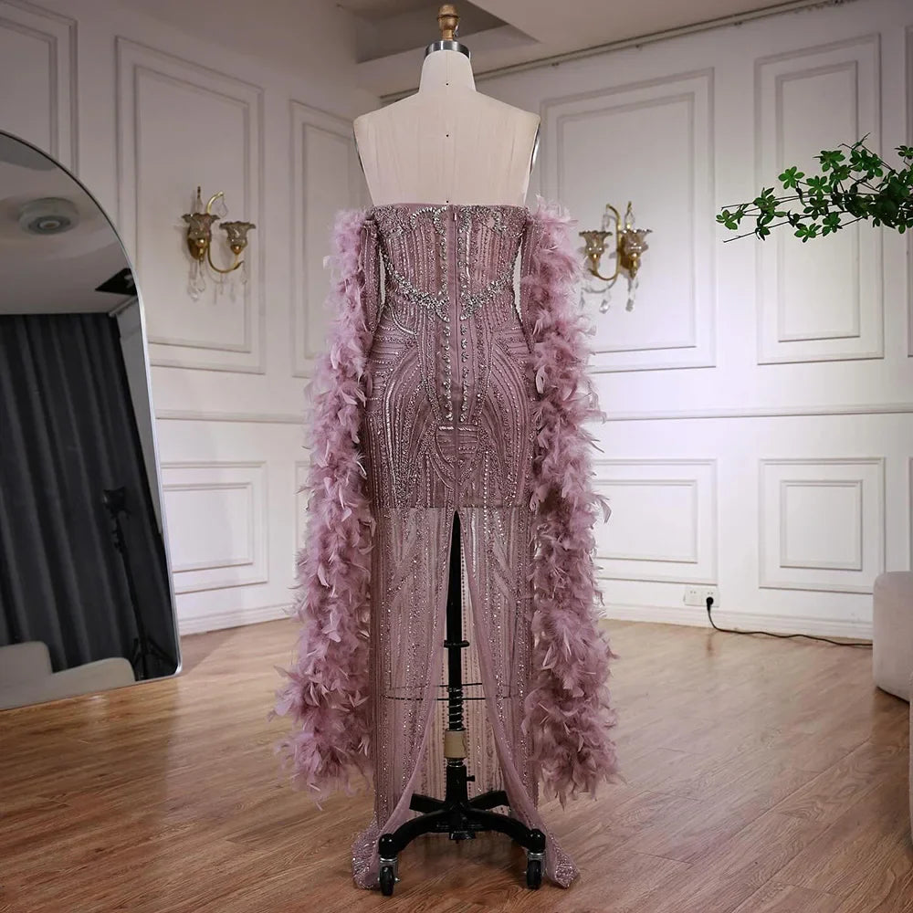 Luxury Caramel Beaded Evening Dress with Feather Sleeves LA73055
