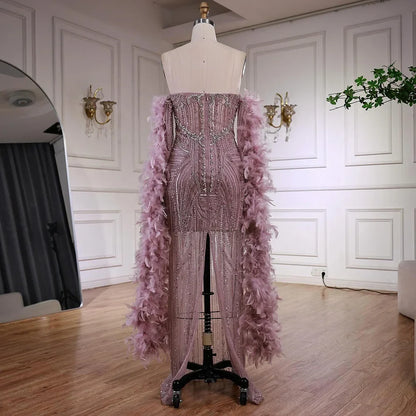 Luxury Caramel Beaded Evening Dress with Feather Sleeves LA73055