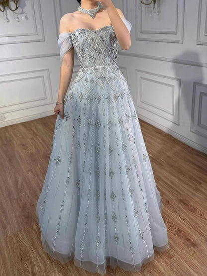 Luxury Gray Blue A-Line Dreamy Beaded Evening Dress With Necklace LA73397