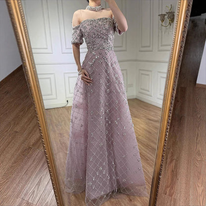 Luxury Nude Sliver Off Shoulder Beaded Crystal A-Line Evening Dress LA73122