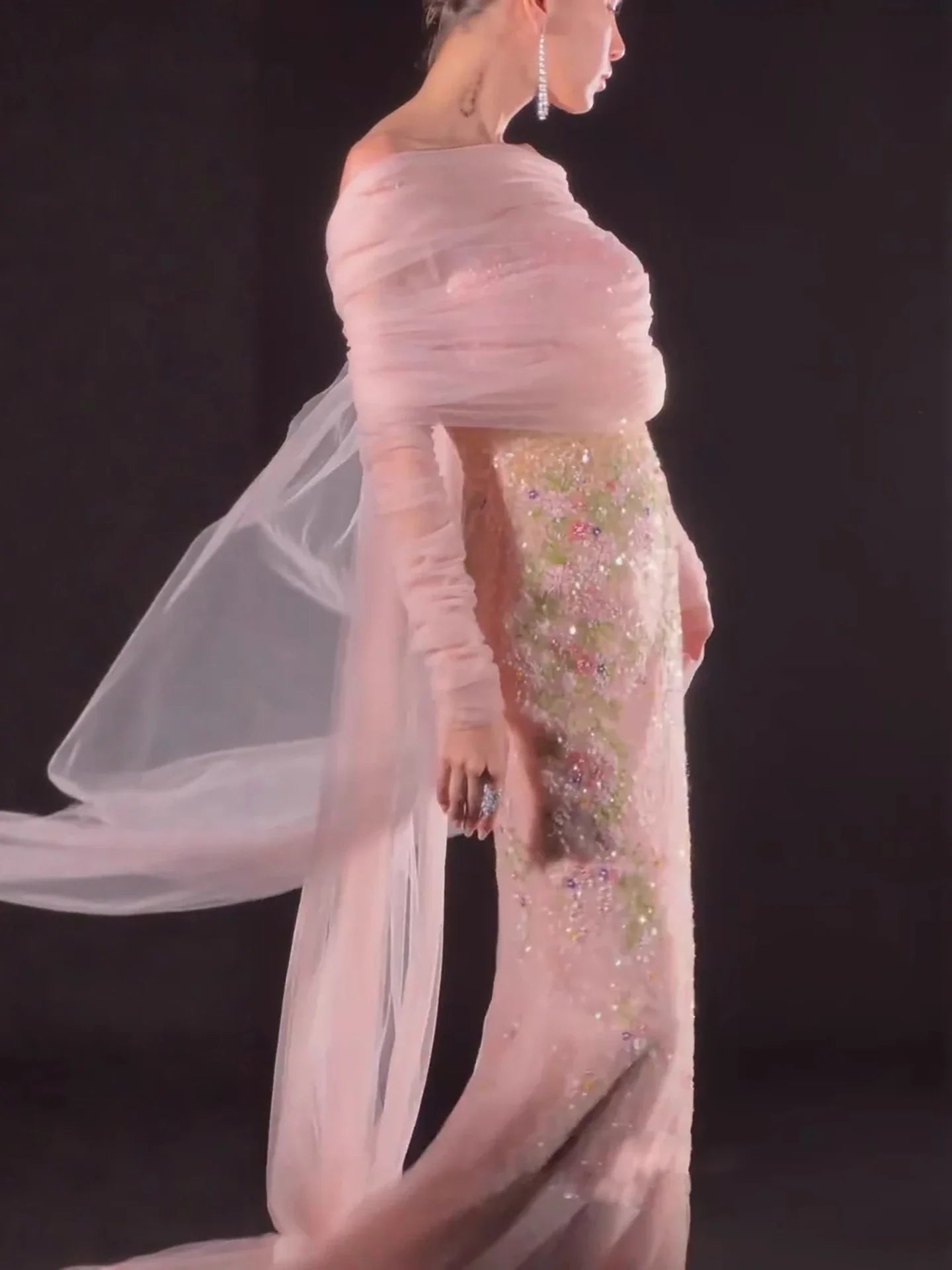 Luxury Pink Beaded Mermaid Evening Dress with Sheer Cape LA73346