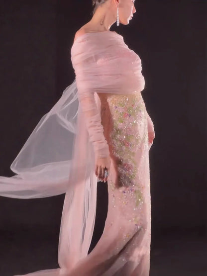Luxury Pink Beaded Mermaid Evening Dress with Sheer Cape LA73346