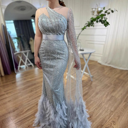 Elegant Nude One Shoulder Feather Beaded Mermaid Evening Dress LA71096