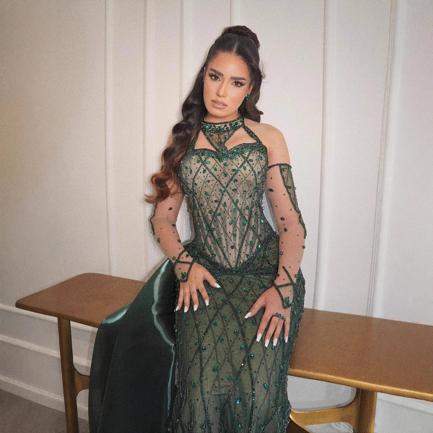 Luxury Green Halter Beaded Dubai Corset Evening Dress LA73322