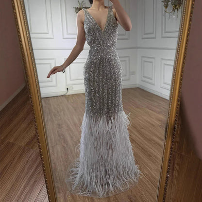 Luxury Silver Feather Mermaid V-Neck Evening Dress LA60749