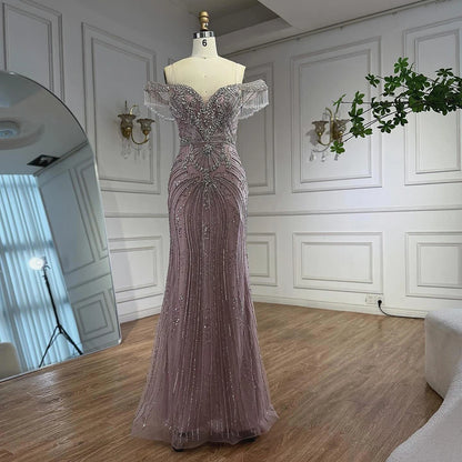 Luxury Pink Crystal Tassel Off Shoulder Evening Dress Dubai LA73204