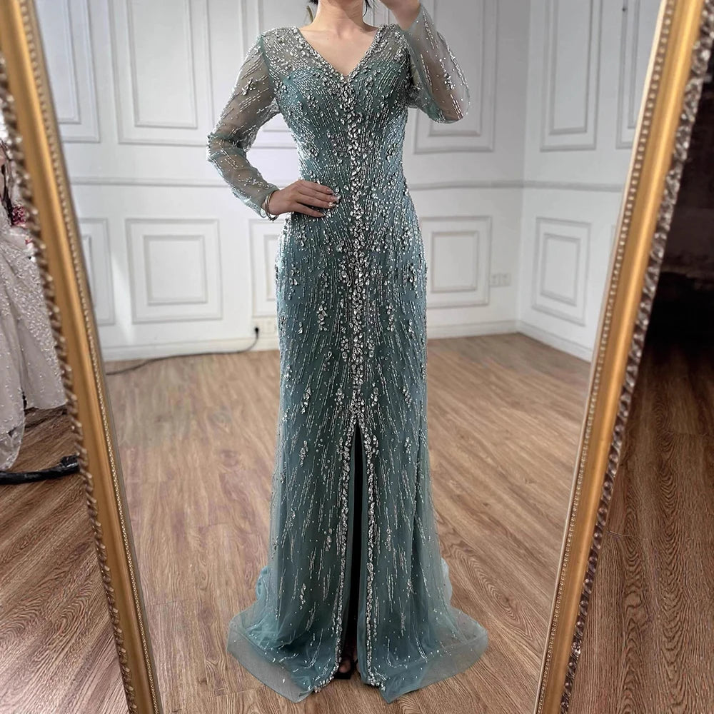 Luxury Turquoise Crystal Beaded Evening Dress Elegant Slit Gown LA73179