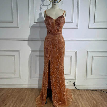 Orange Beaded Evening Dress with Slit Spaghetti Straps LA72542