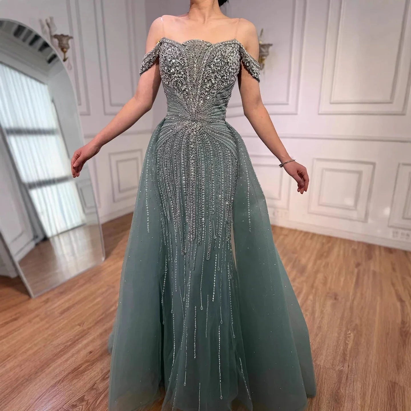 Luxury Beaded Nude Off Shoulder Mermaid Evening Dress LA73392