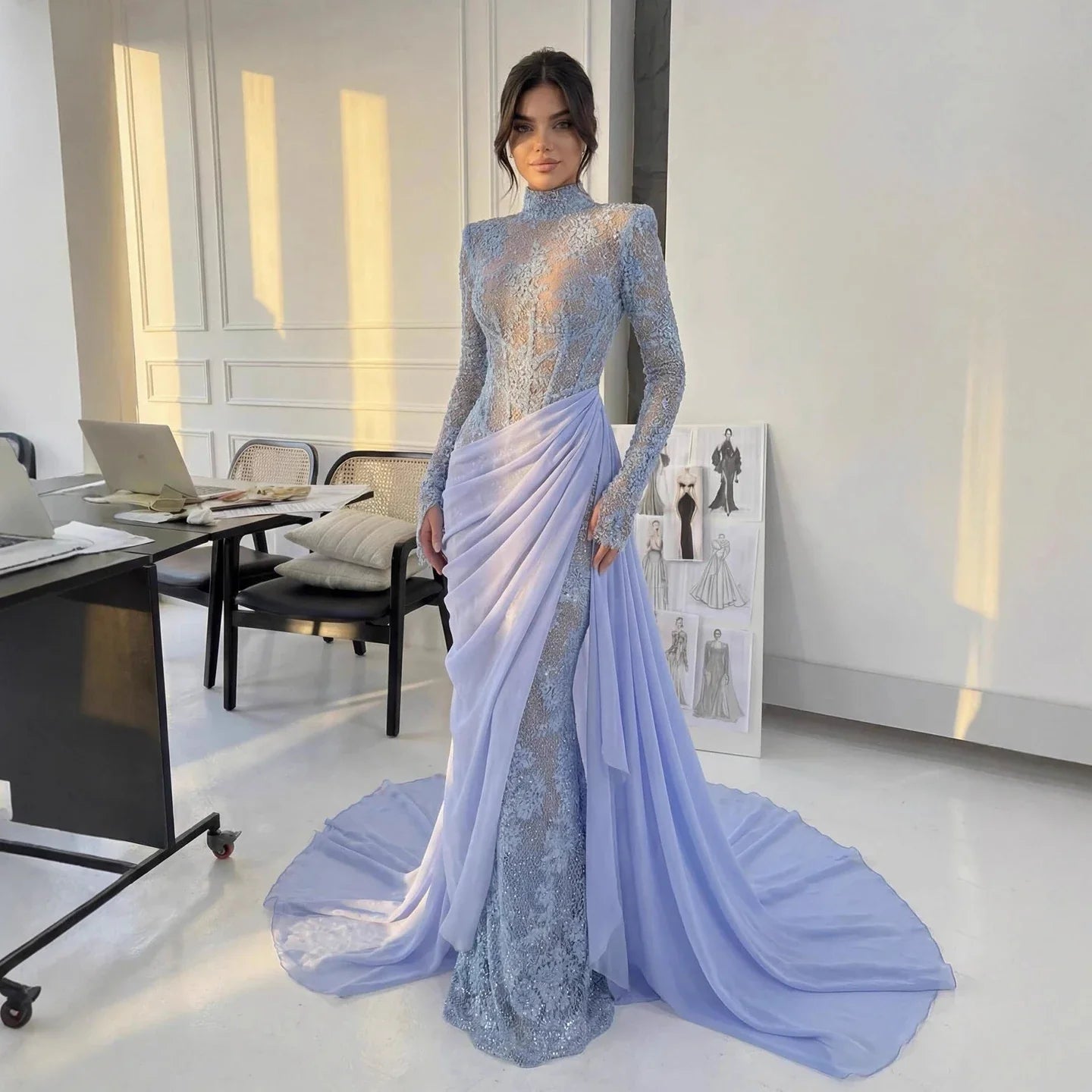 Luxury Blue High Neck Long Sleeves Beaded Mermaid Evening Dress LA73407
