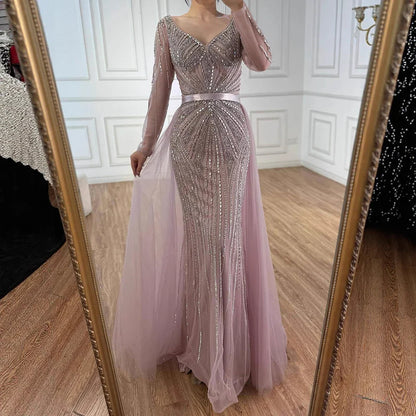 Luxury Nude Beaded Evening Dress with Detachable Overskirt LA73156