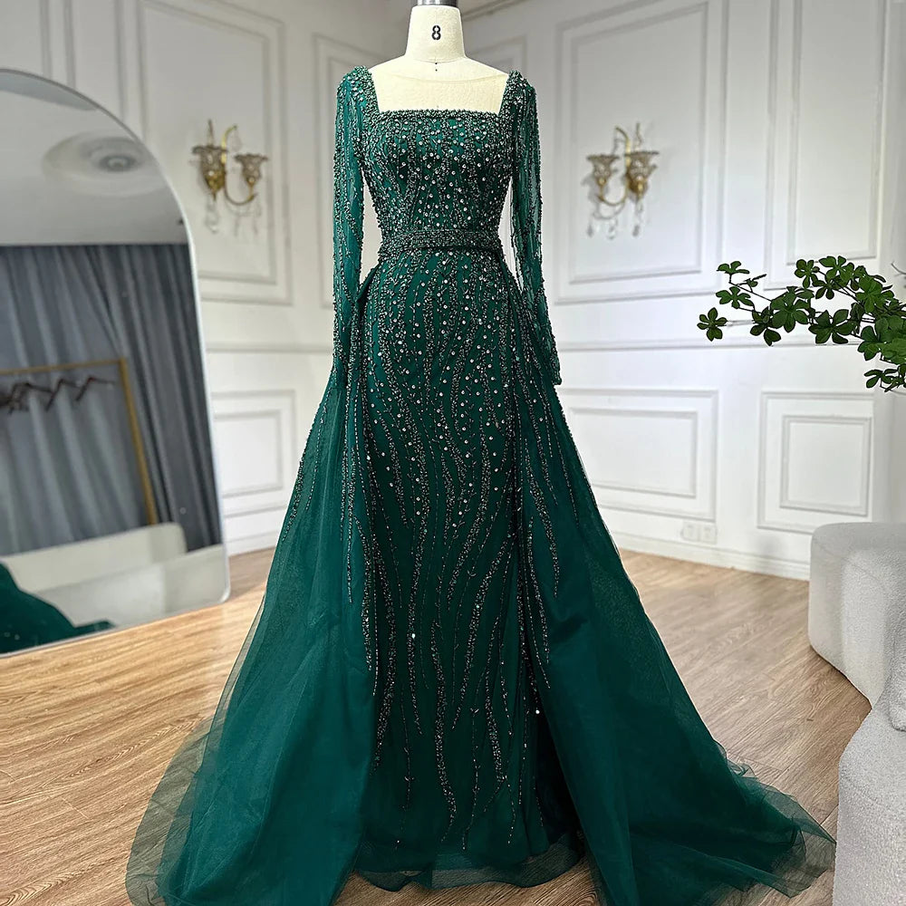 Modest Green Mermaid Evening Dress with Overskirt LA72710
