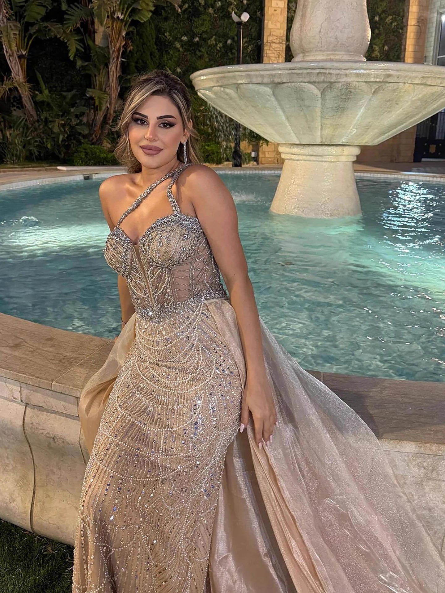 Luxury Nude One Shoulder Beaded Mermaid Evening Dress LA73358