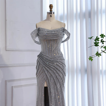 Luxury Silver Diamond Corset Off Shoulder Mermaid Evening Dress LA73410