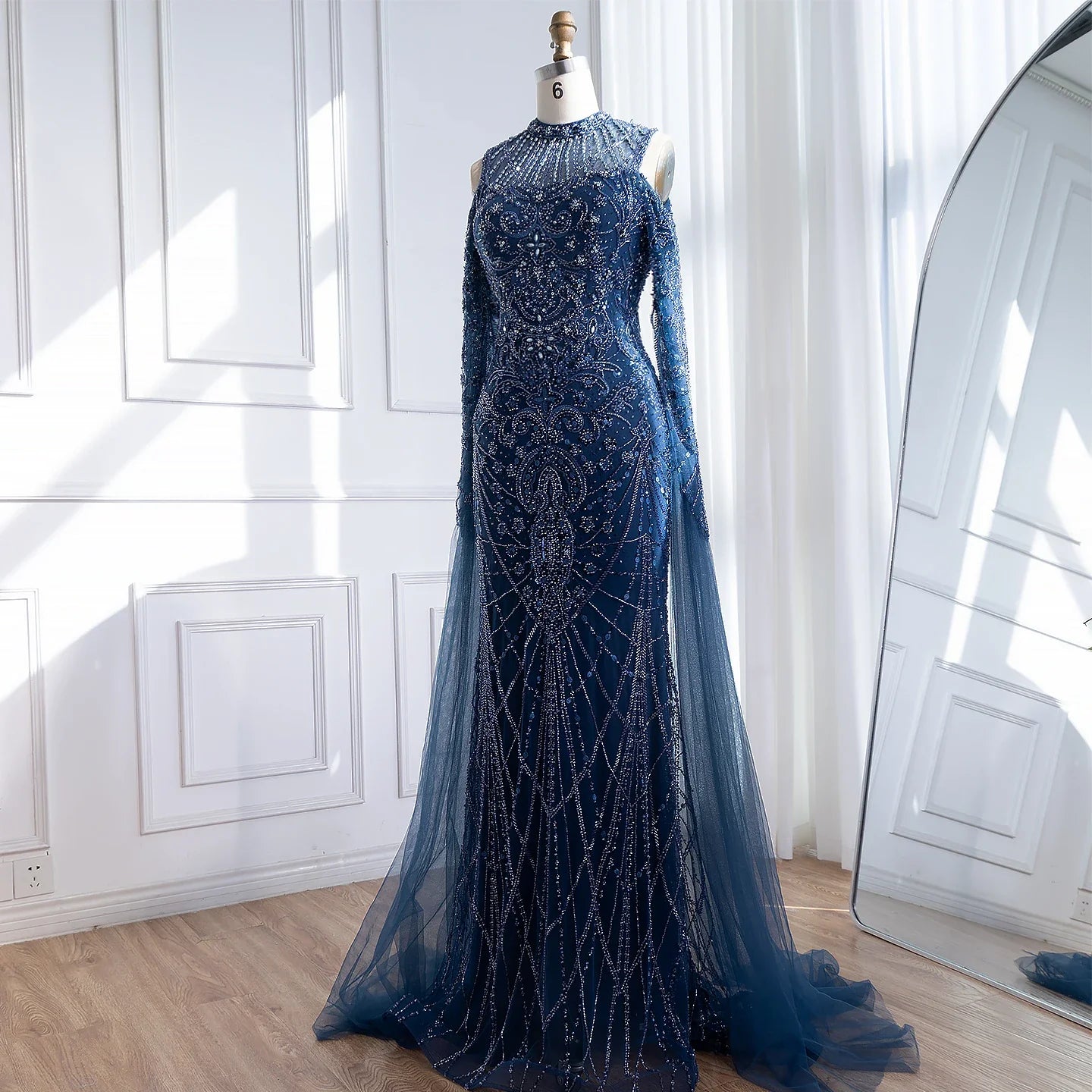 Luxury Dubai Navy Blue Beaded Lace Evening Dress with Cape Sleeves LA73323