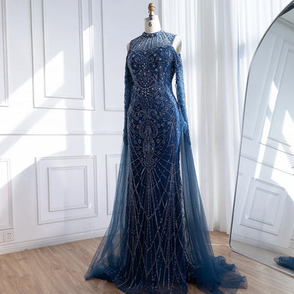 Luxury Dubai Navy Blue Beaded Lace Evening Dress with Cape Sleeves LA73323