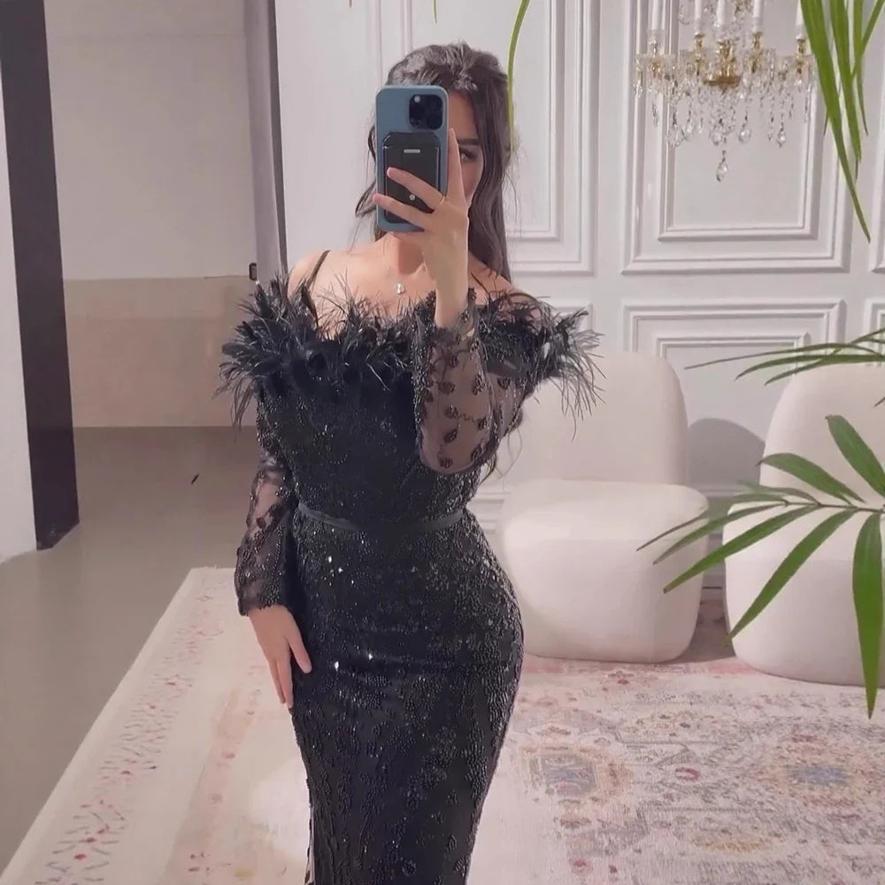 Luxury Dubai Green Long Sleeves Feathers Beaded Evening Dress LA72553