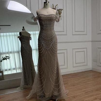 Arabic Caramel Off Shoulder Beaded Mermaid Evening Dress with Pearls LA72253C