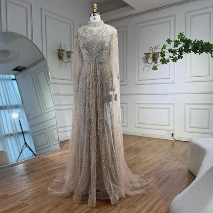 Luxury Sliver Hijab Modest Muslim Beaded Evening Dress LA73215