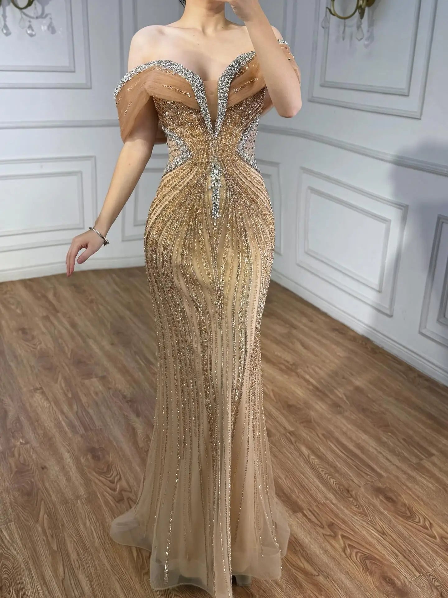 Luxury Saudi Arabic Gold Luxury Crystal Beaded Mermaid Evening Dress LA73142A