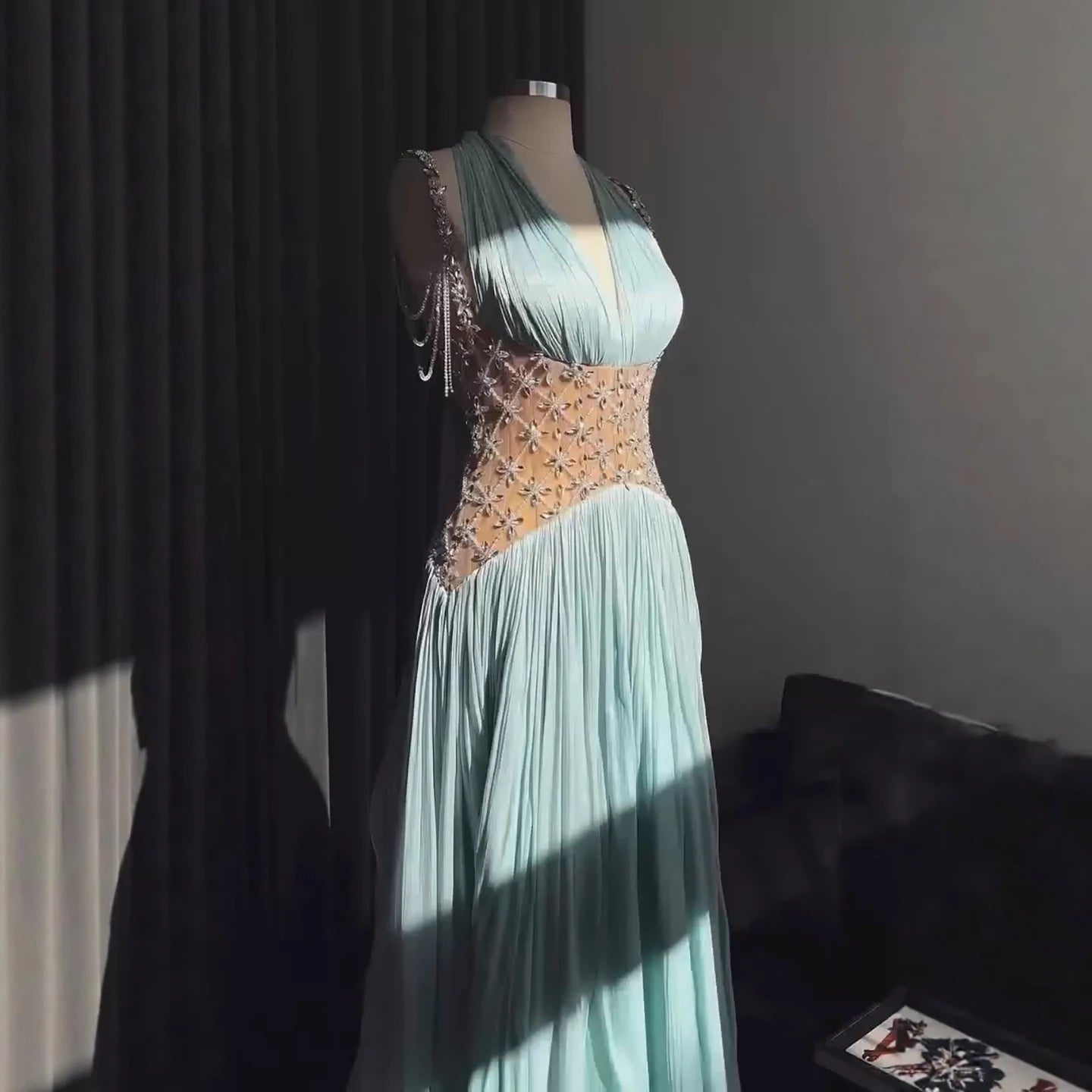 Luxury Turquoise Crystal Beaded A-Line Evening Dress LA73421