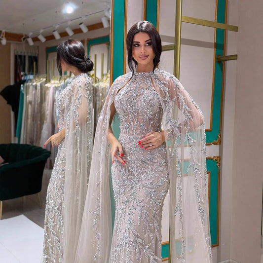 Luxury Caramel Arabic Beaded Mermaid Evening Dress with Cape Sleeves LA72652