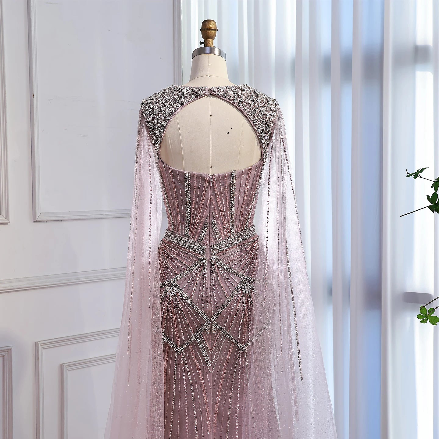 Luxury Dubai Pink Beaded Evening Dress With Cape LA73329