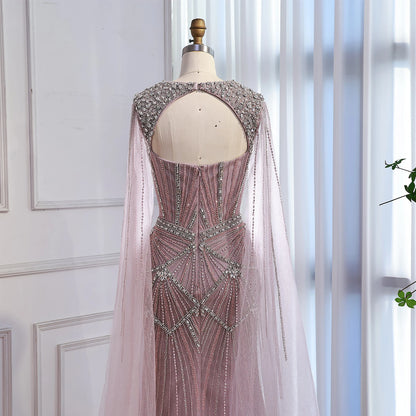 Luxury Dubai Pink Beaded Evening Dress With Cape LA73329