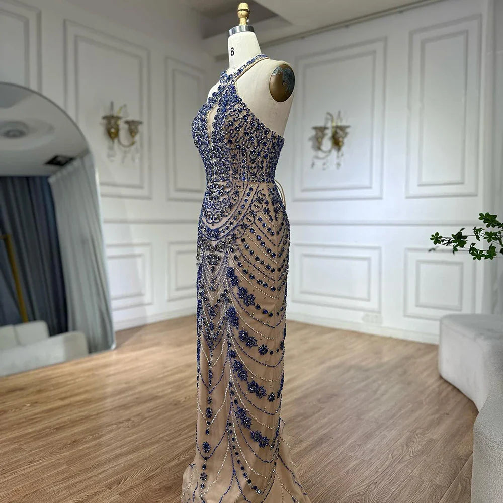 Luxury Blue Halter Crystal Beaded Evening Dress LA72760