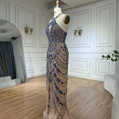 Luxury Blue Halter Crystal Beaded Evening Dress LA72760