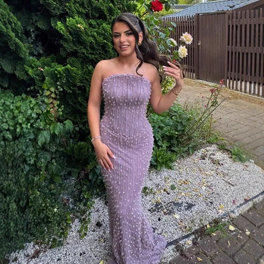 Elegant Crystal Beaded Strapless Lilac Mermaid Evening Gown LA72950