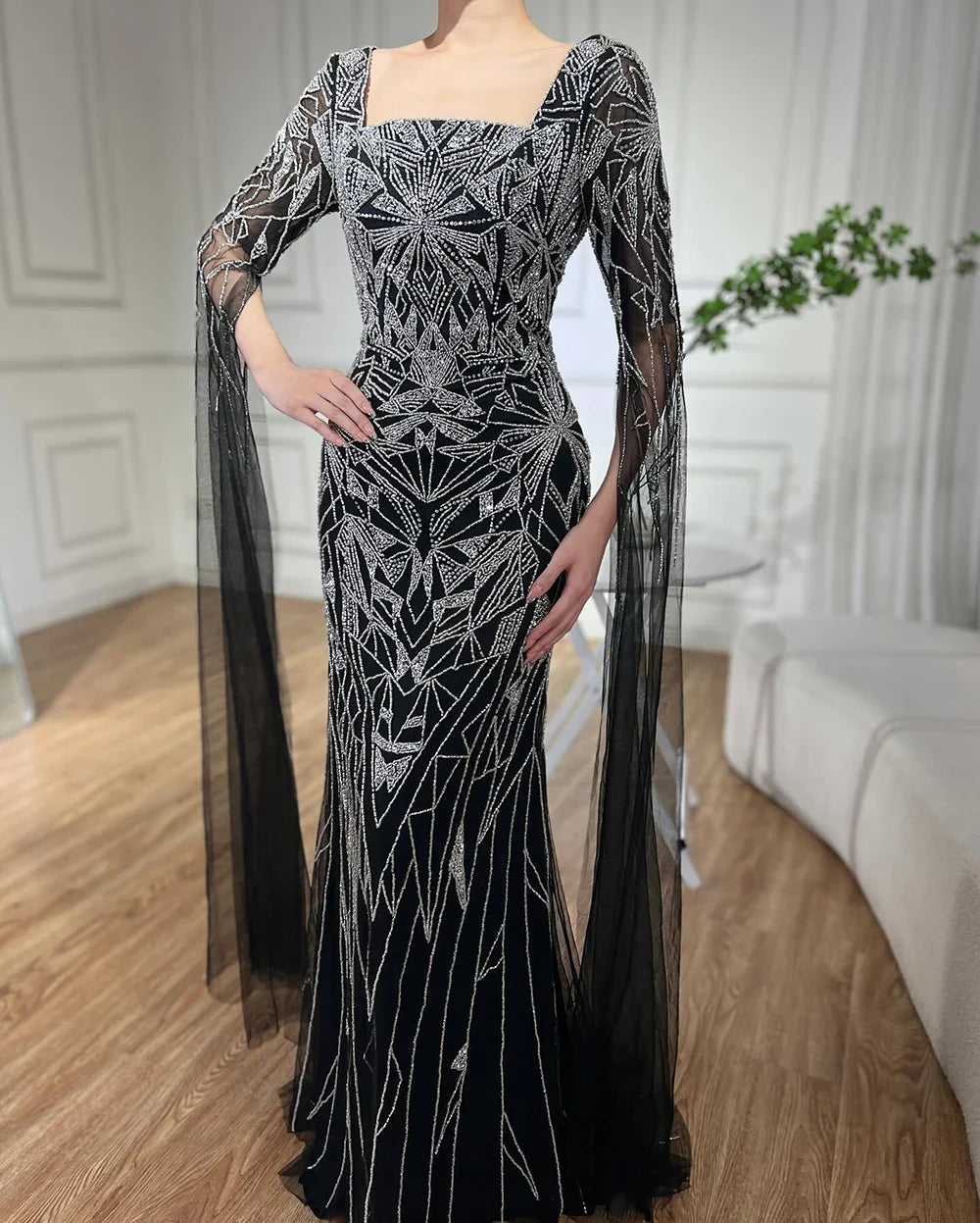 Luxury Dubai  Arabic Nued Cape Sleeves Mermaid Saudi Evening Dresses Beaded Luxury Party Gowns for Formal Occasion LA72261B