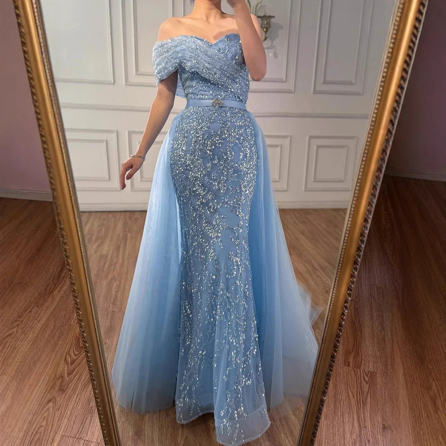 Luxury Arabic Blue One Shoulder Mermaid Evening Dress LA73378