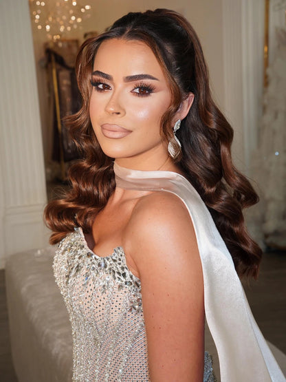 Luxury Nude Crystal Beaded Mermaid Evening Dress with Long Gloves LA73422