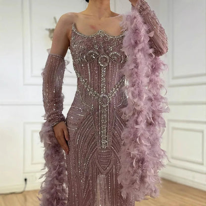 Luxury Caramel Beaded Evening Dress with Feather Sleeves LA73055