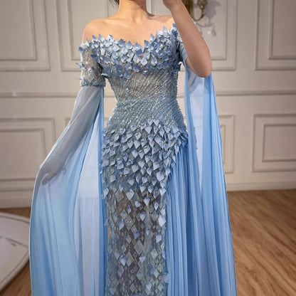 Luxury Dubai Blue 3D Flower Evening Dress With Cape LA73381