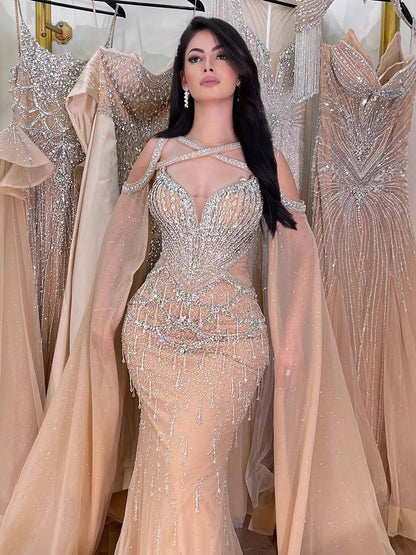 Luxury Nude Cape Sleeves Beaded Crystal Evening Dress LA72806