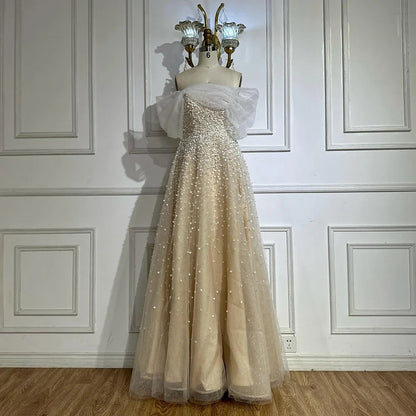 Luxury Dubai  Arabic Blue Off The Shoulder Beaded Elegant A-Line Long Evening Dresses Gowns for Formal Occasion LA72009A